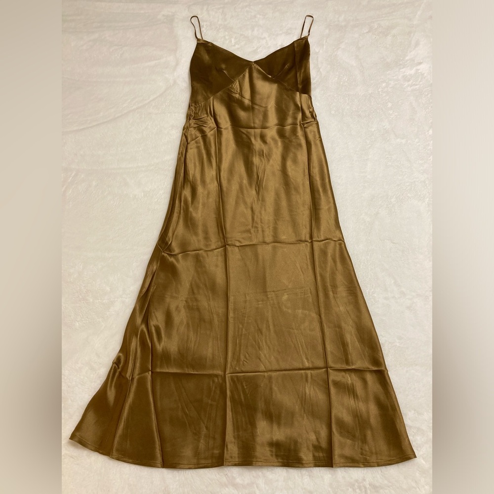 Satin Slip Midi Dress in Olive Brown — Women's